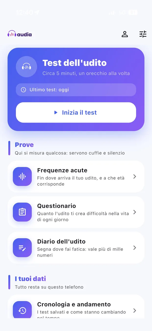 Schermata iniziale dell'app Audia